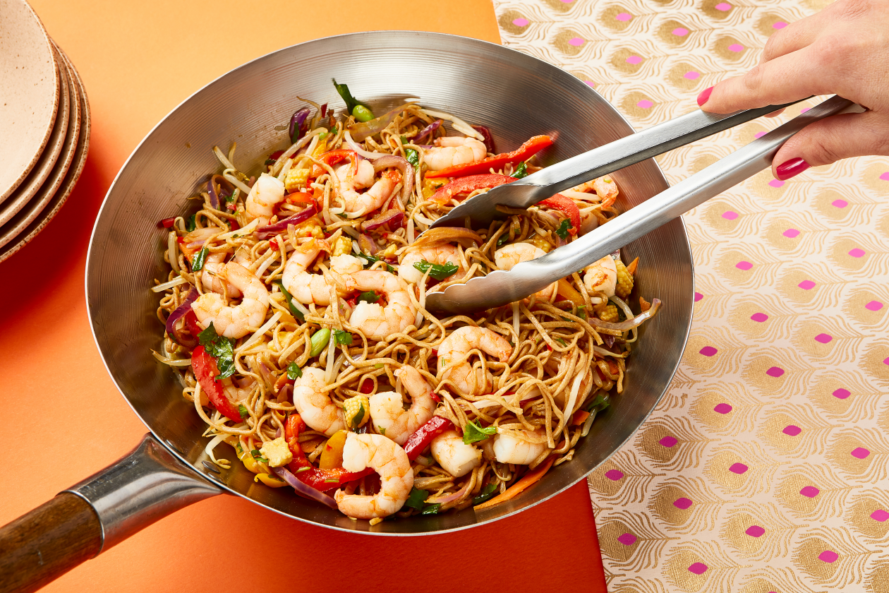 A photograph of Thai-inspired prawn stir fry